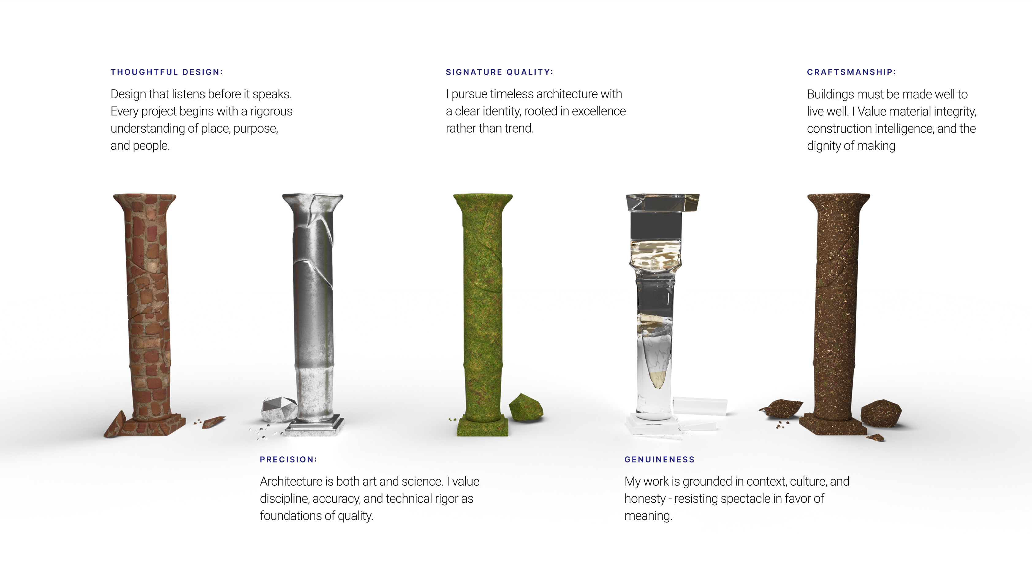Five pillars of MB Architects: Thoughtful Design, Signature Quality, Craftsmanship, Precision, Genuineness